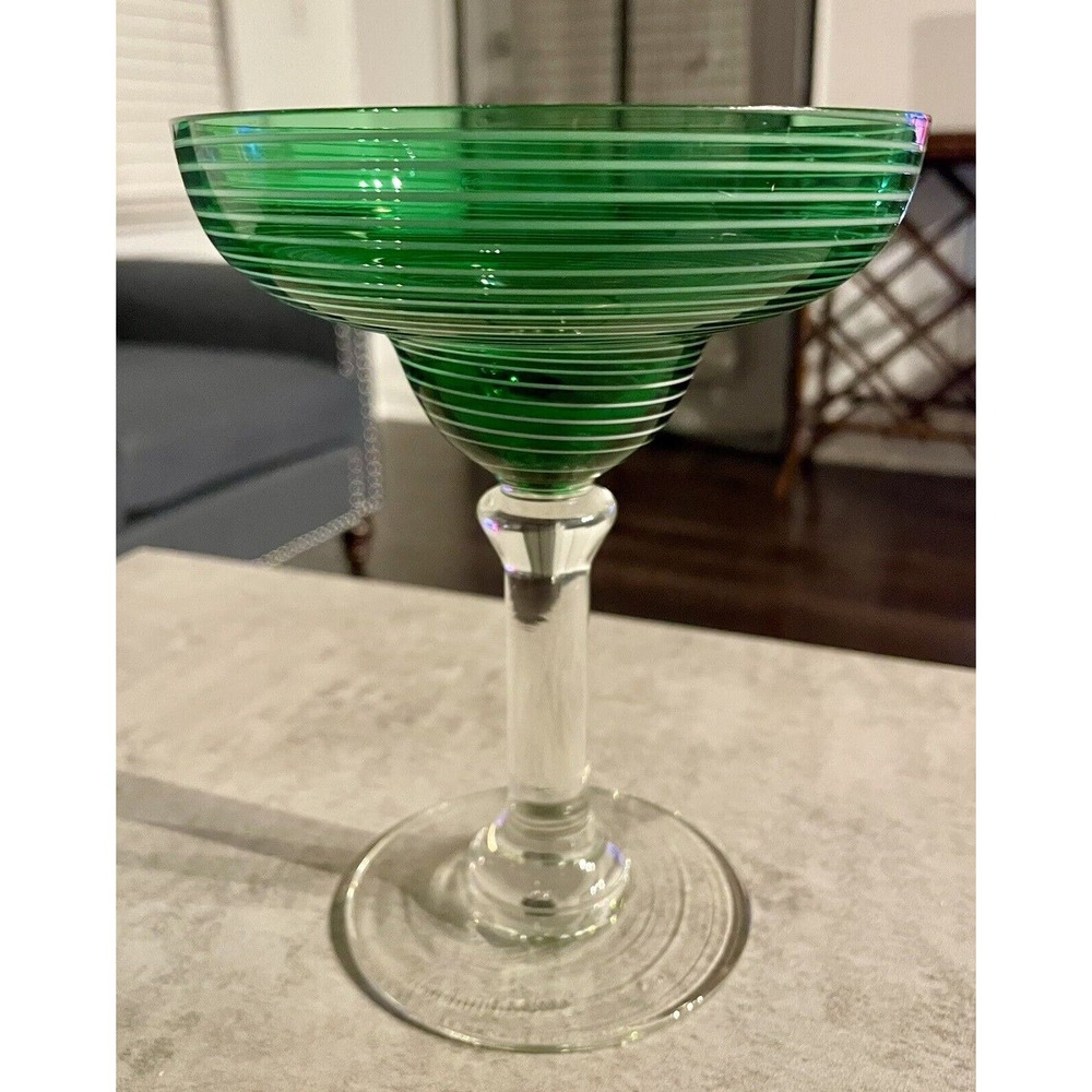 (1) Vintage Emerald Green Glass with White Striped Margarita Glass